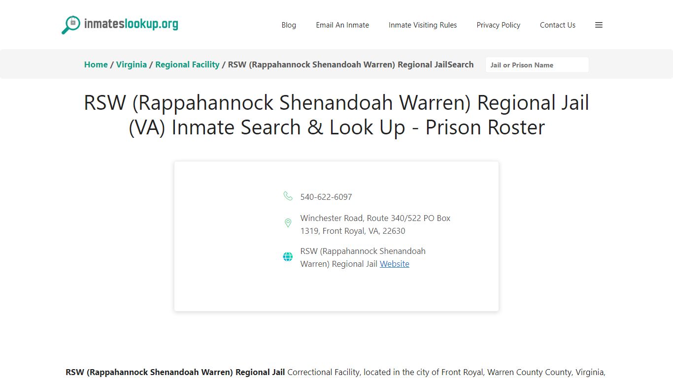 RSW (Rappahannock Shenandoah Warren) Regional Jail (VA) Inmate Search ...